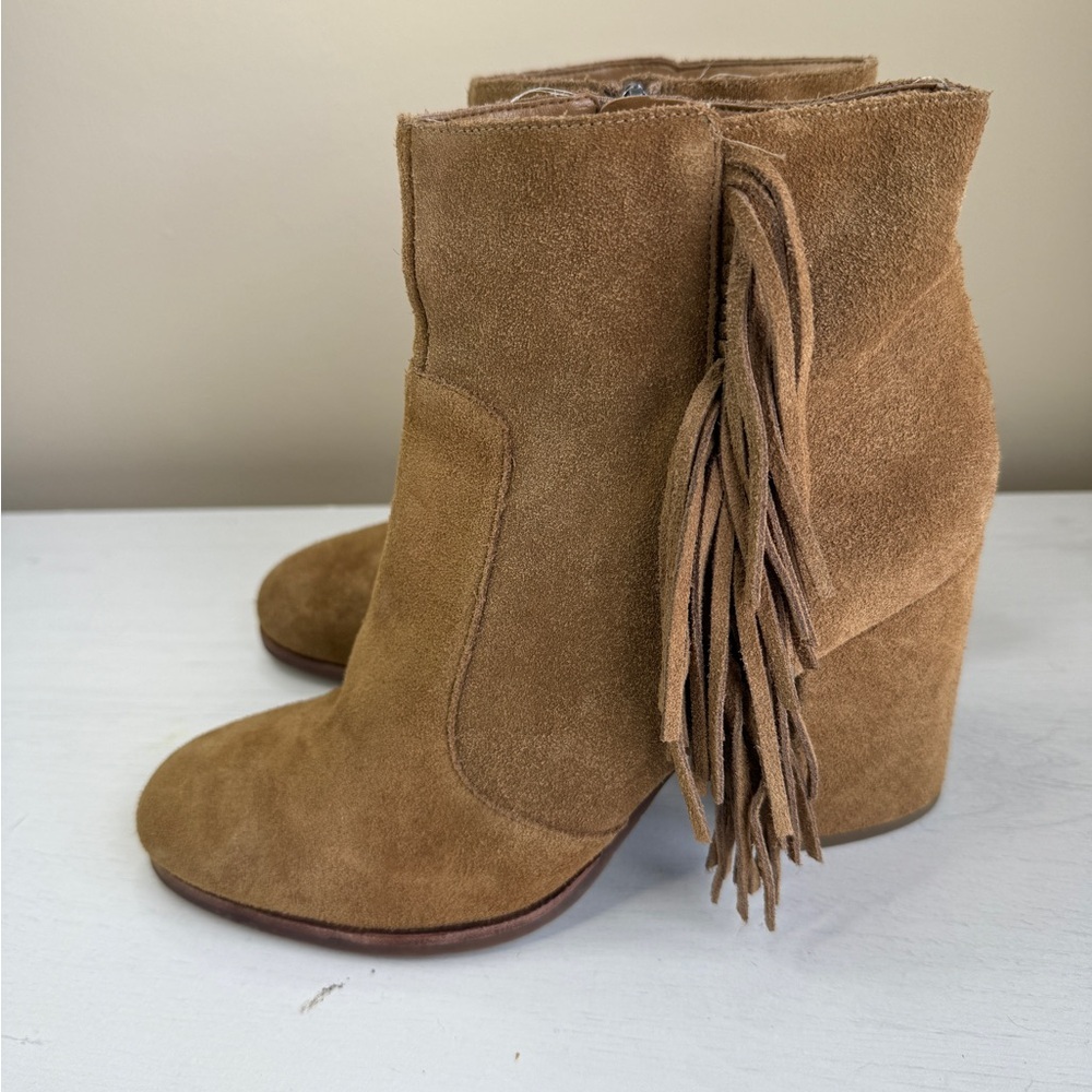 Via Spiga Niurka Dark Natural Suede Fringe Bock Heel Booties Size 9.5 M - Picture 2 of 12